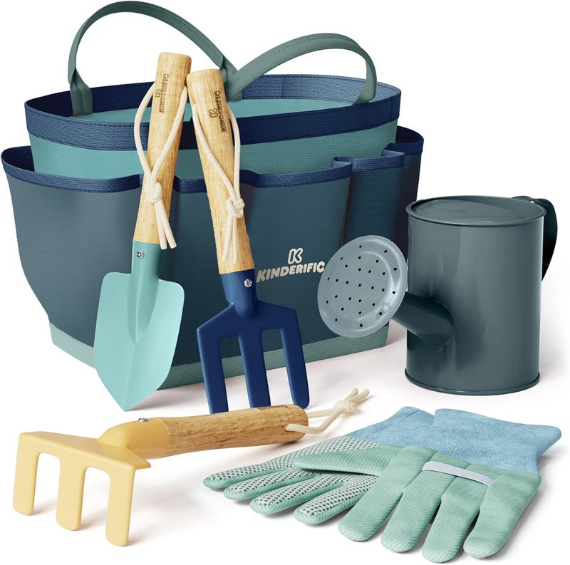 Kinderific Gardening Set, Tool Kit, for Kids, STEM, Includes Tote Bag, Spade, Watering Can, Rake, Fork, Trowel and Gloves (Ocean Blue) - Image 1